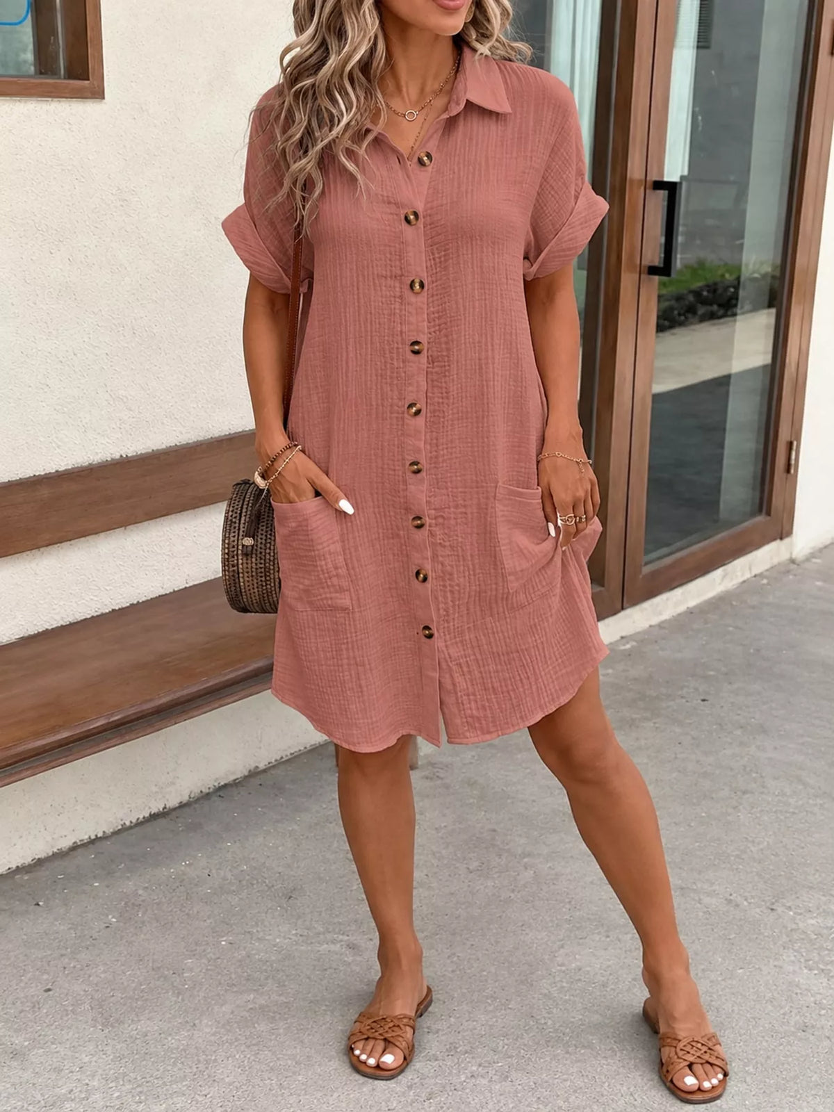 Textured button-up shirt dress with pockets, dusty rose, short sleeves and button front