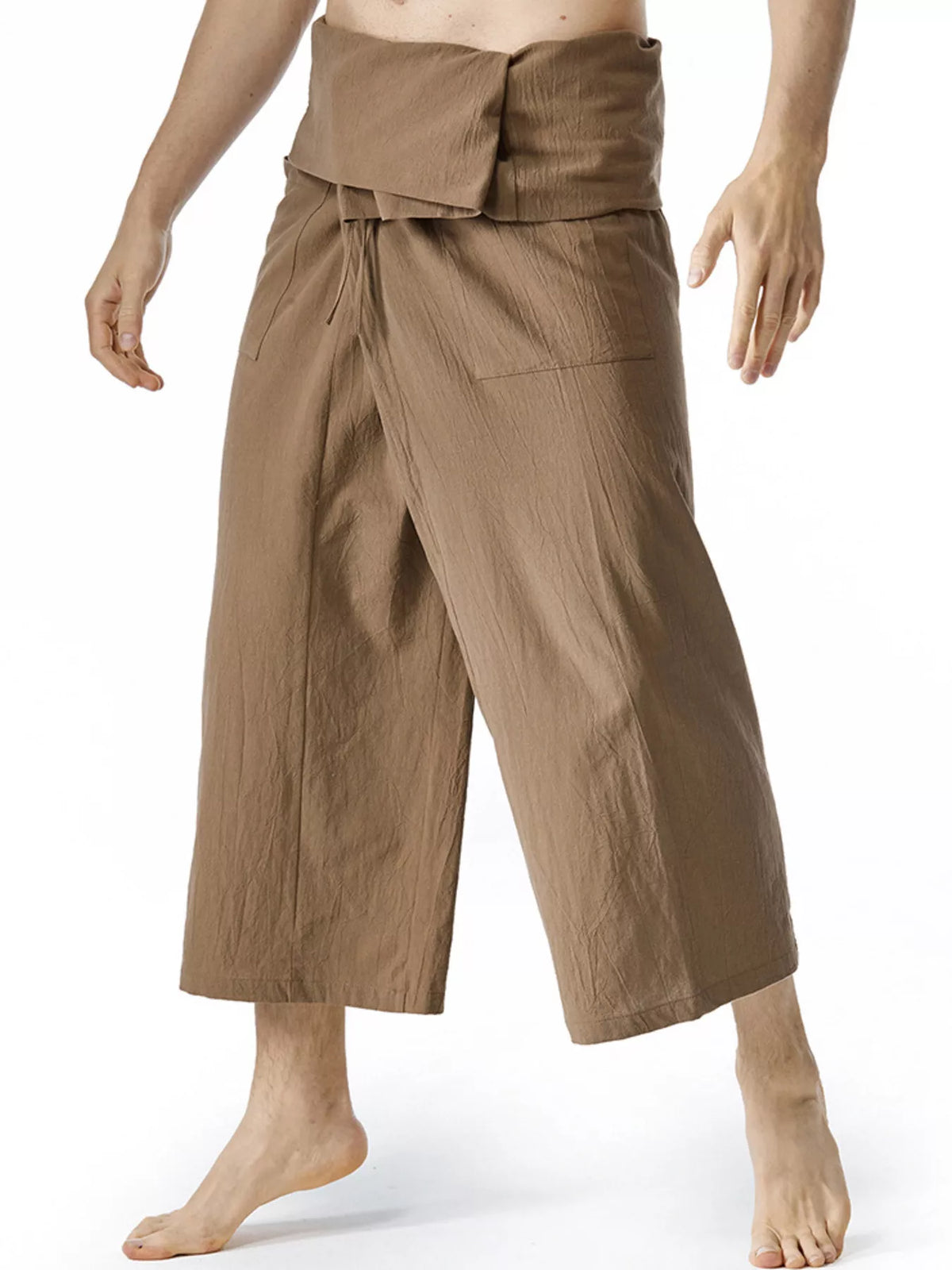 Men's loose-fit drawstring pants in tan-brown, front view with elastic waist and drawcord.