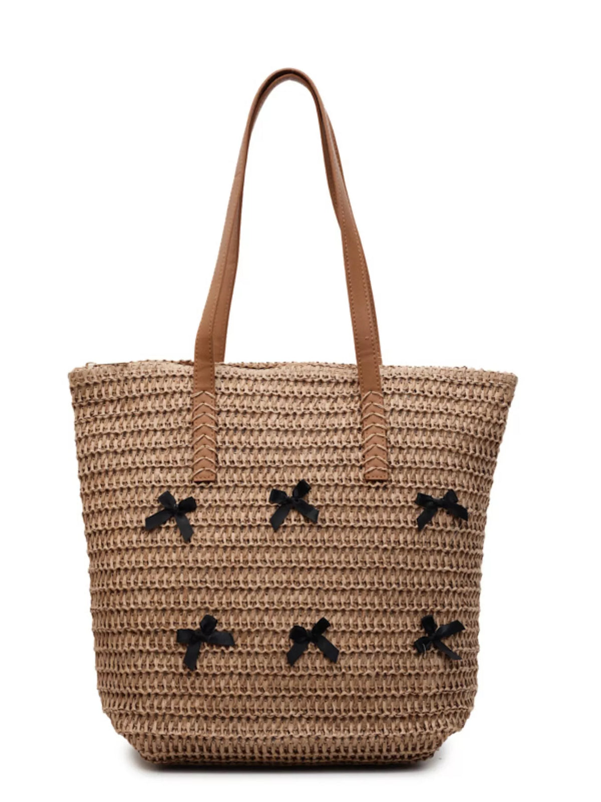 Woven straw tote bag in caramel with bow applique pattern and two top handles
