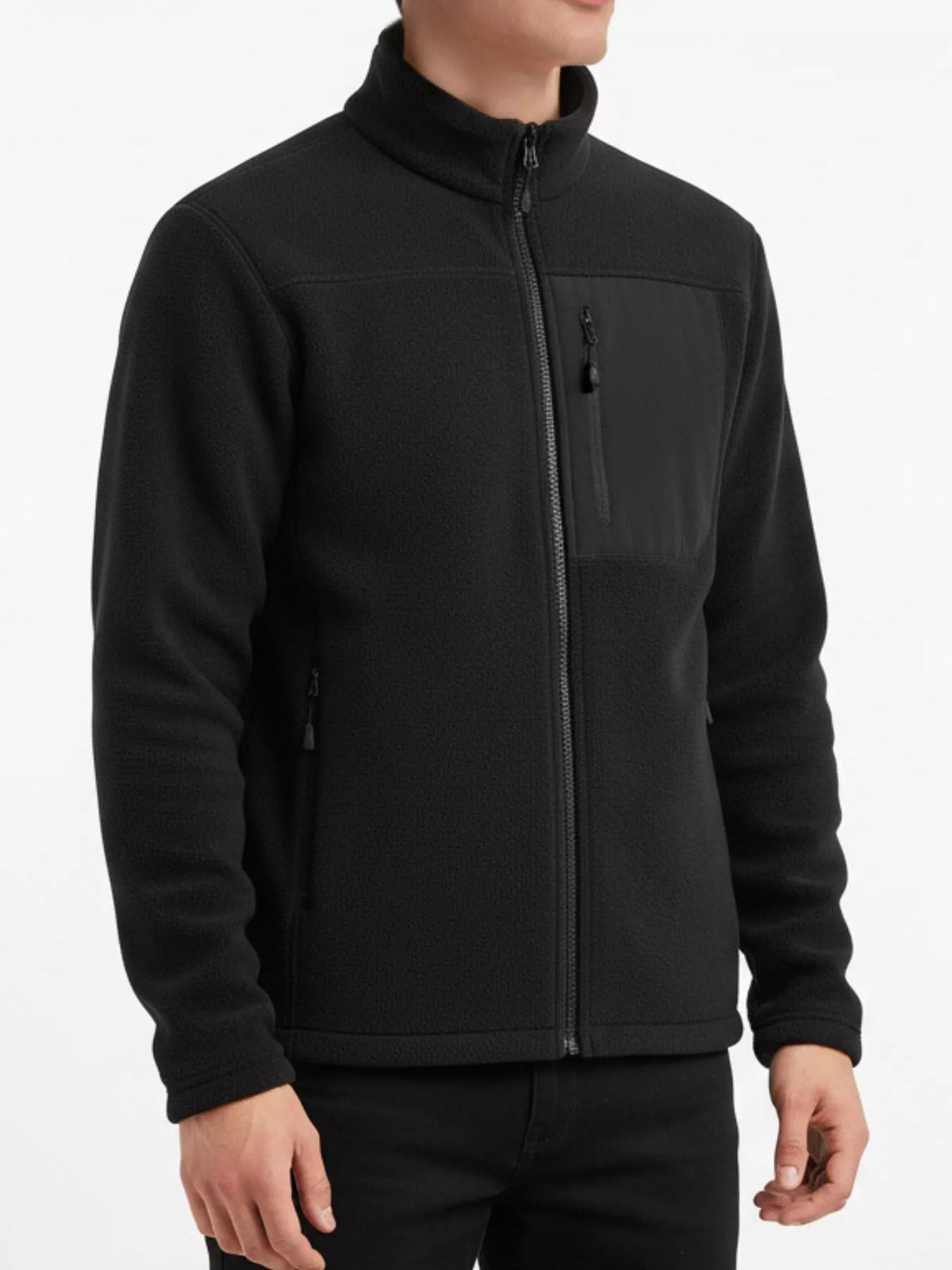 Men's black zip-up long sleeve jacket with stand collar and front zipper