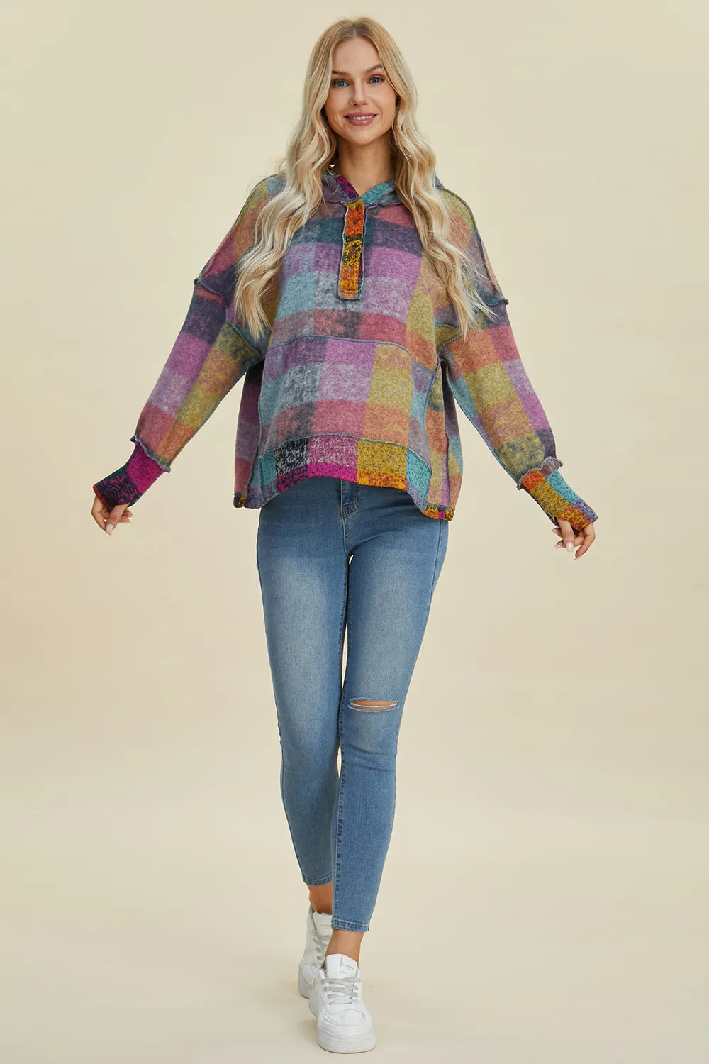 Multicolor plaid fleece hoodie with half-zip placket and hood, long sleeves, full length