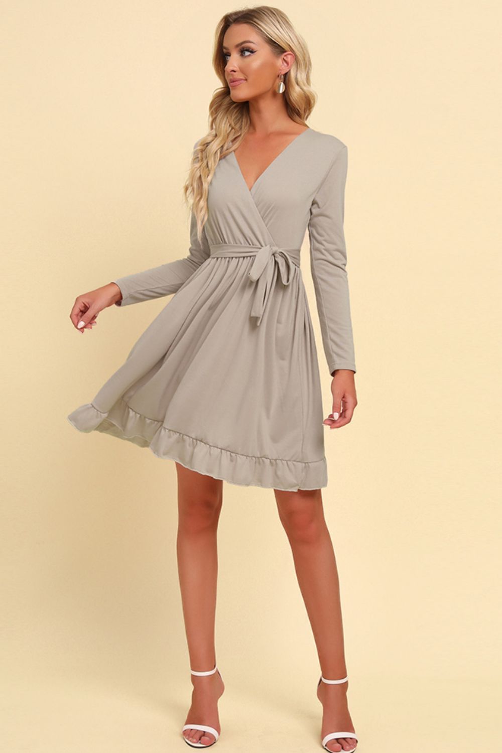 Long sleeve tie-waist ruffle hem dress, light gray full-length front view