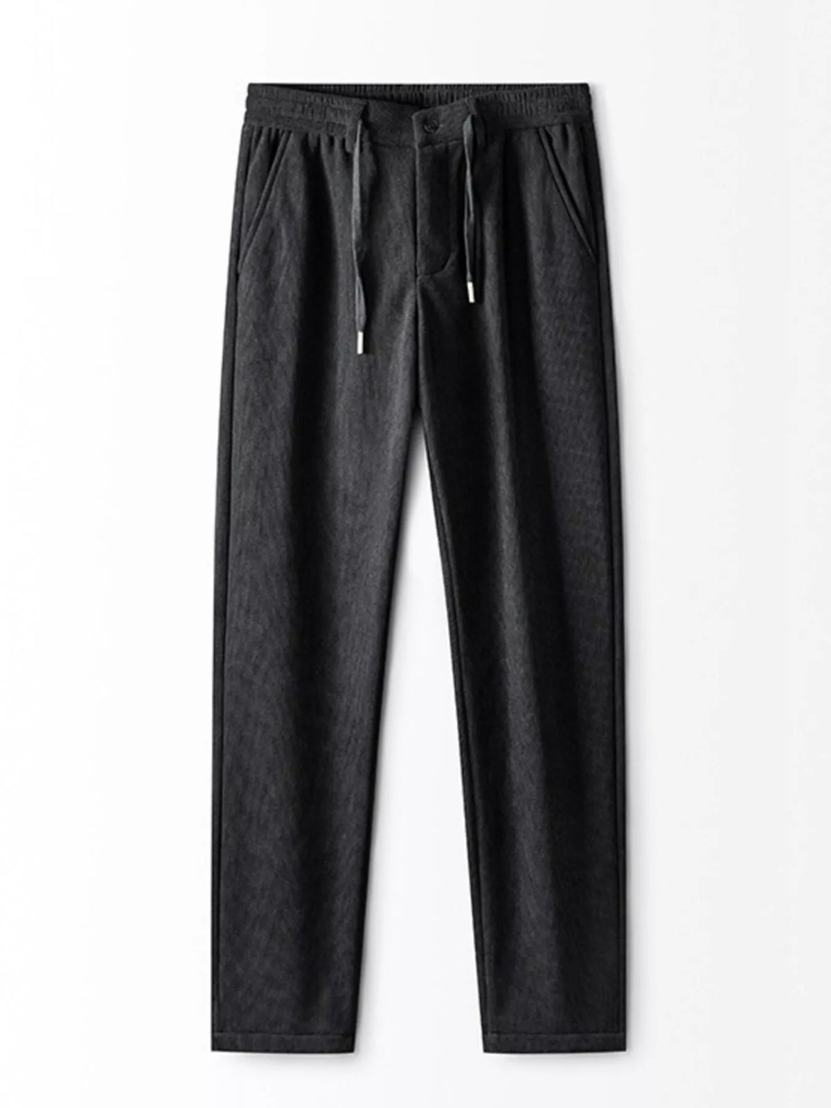 Black corduroy drawstring relaxed-fit pants, front view on white background