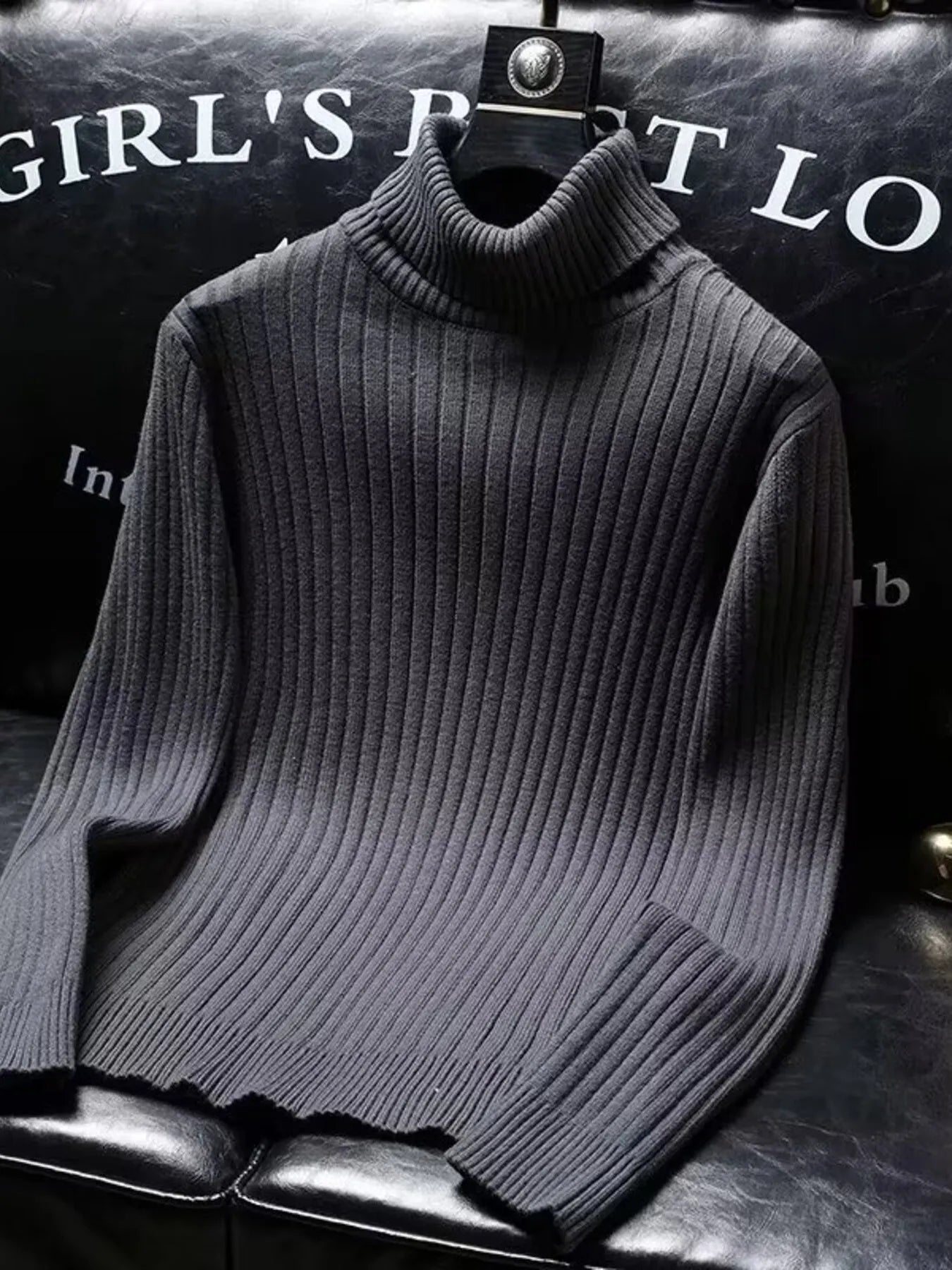 Ribbed turtleneck long sleeve sweater, dark gray