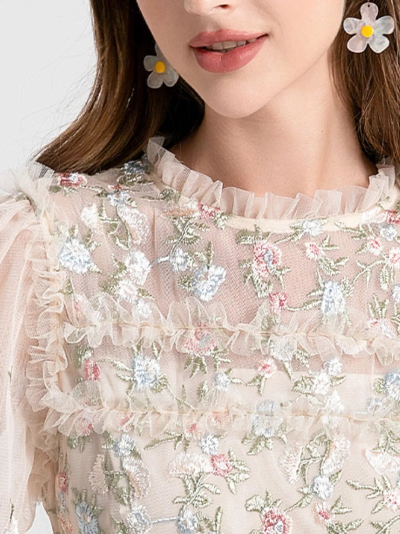 Cedar & Moore Floral Tulle Layered Maxi Dress by Trendsi with pastel embroidery and lace on nude tulle