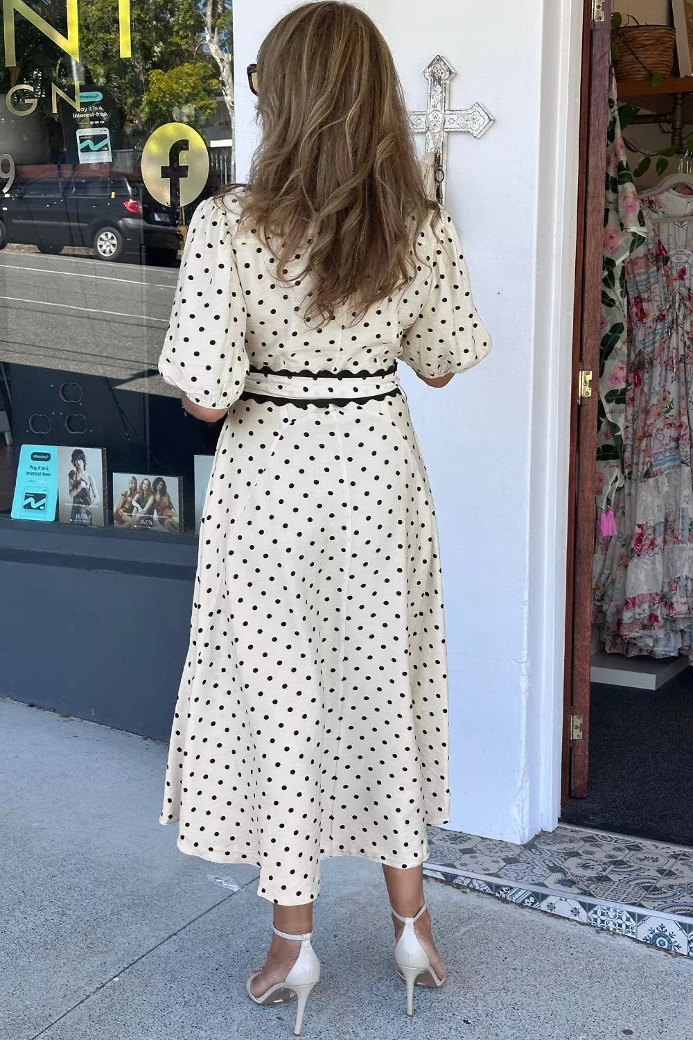 Cedar & Moore Polka Dot Half-Sleeve Midi Dress, cream with black dots, belted, buttoned