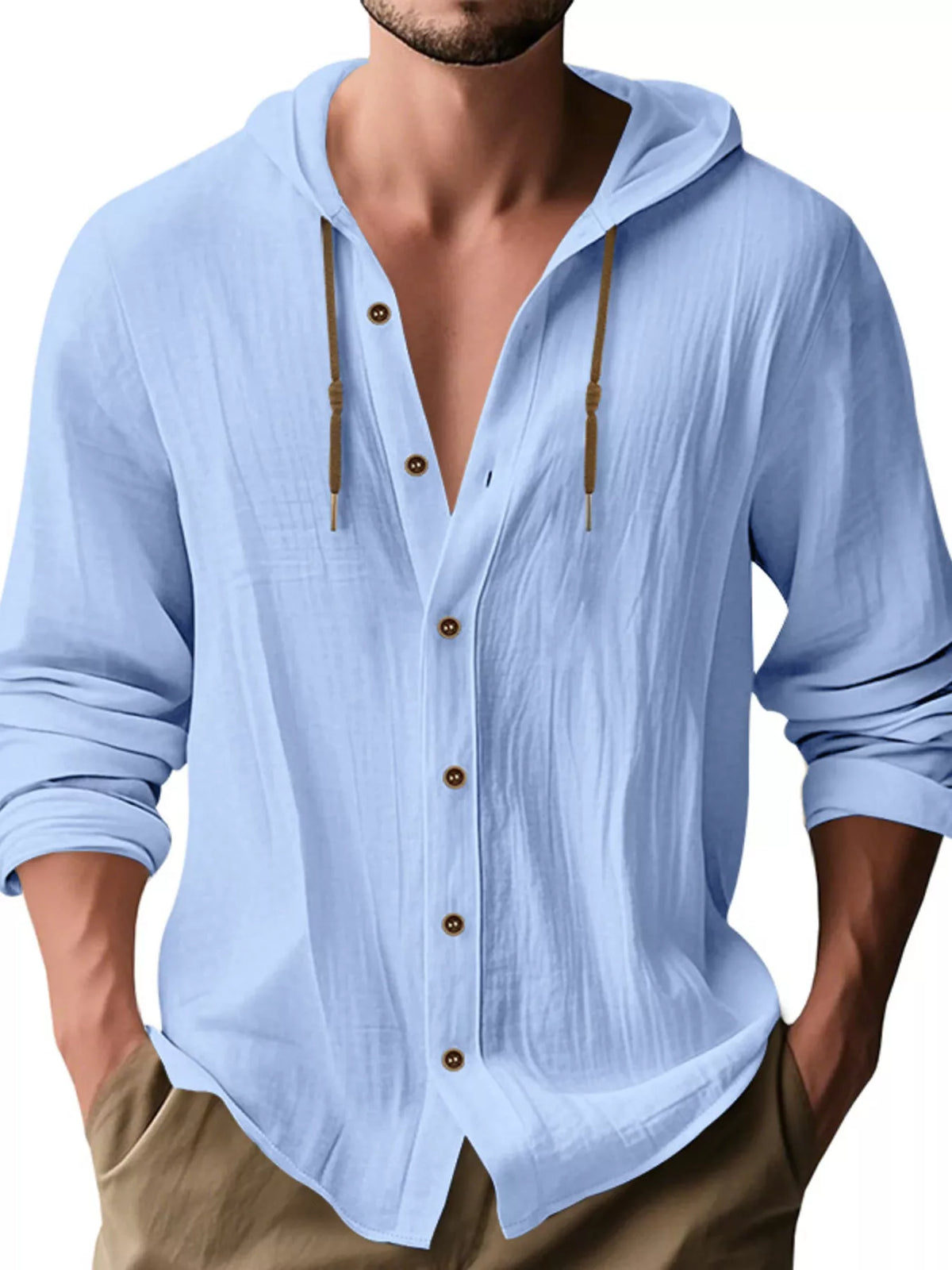Men's light blue linen hooded button shirt with drawstring, long sleeves