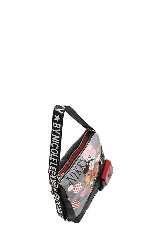 Convertible adjustable strap backpack bag, black quilt with graphic panel and red side pocket.