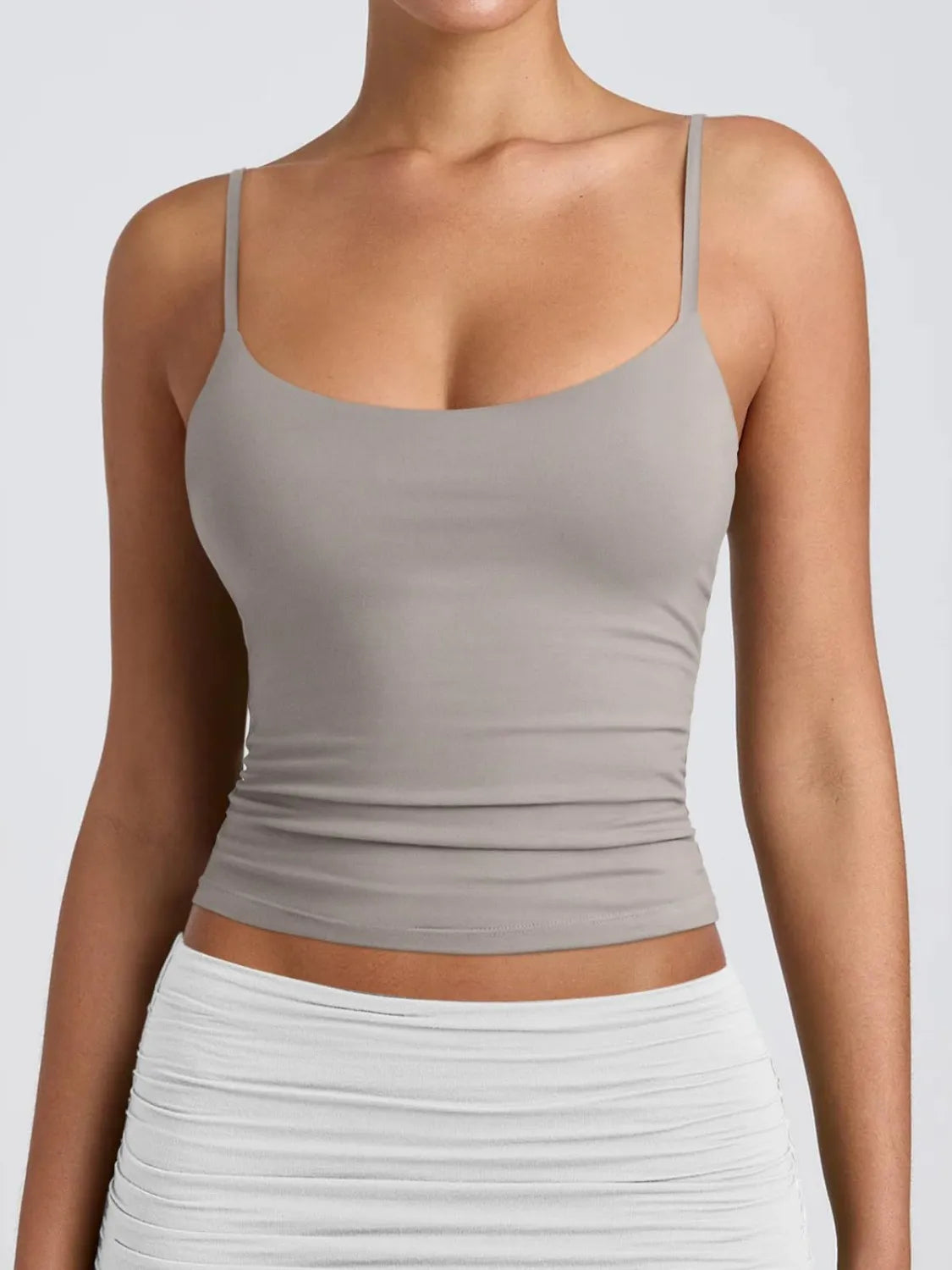 Light gray scoop neck cami with thin straps and ruched bust