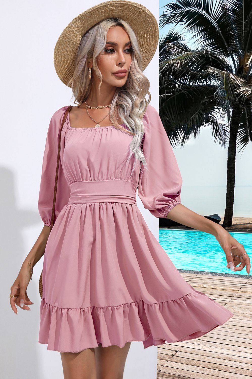 Blush pink square-neck ruffle hem dress with tiered ruffles and puff sleeves