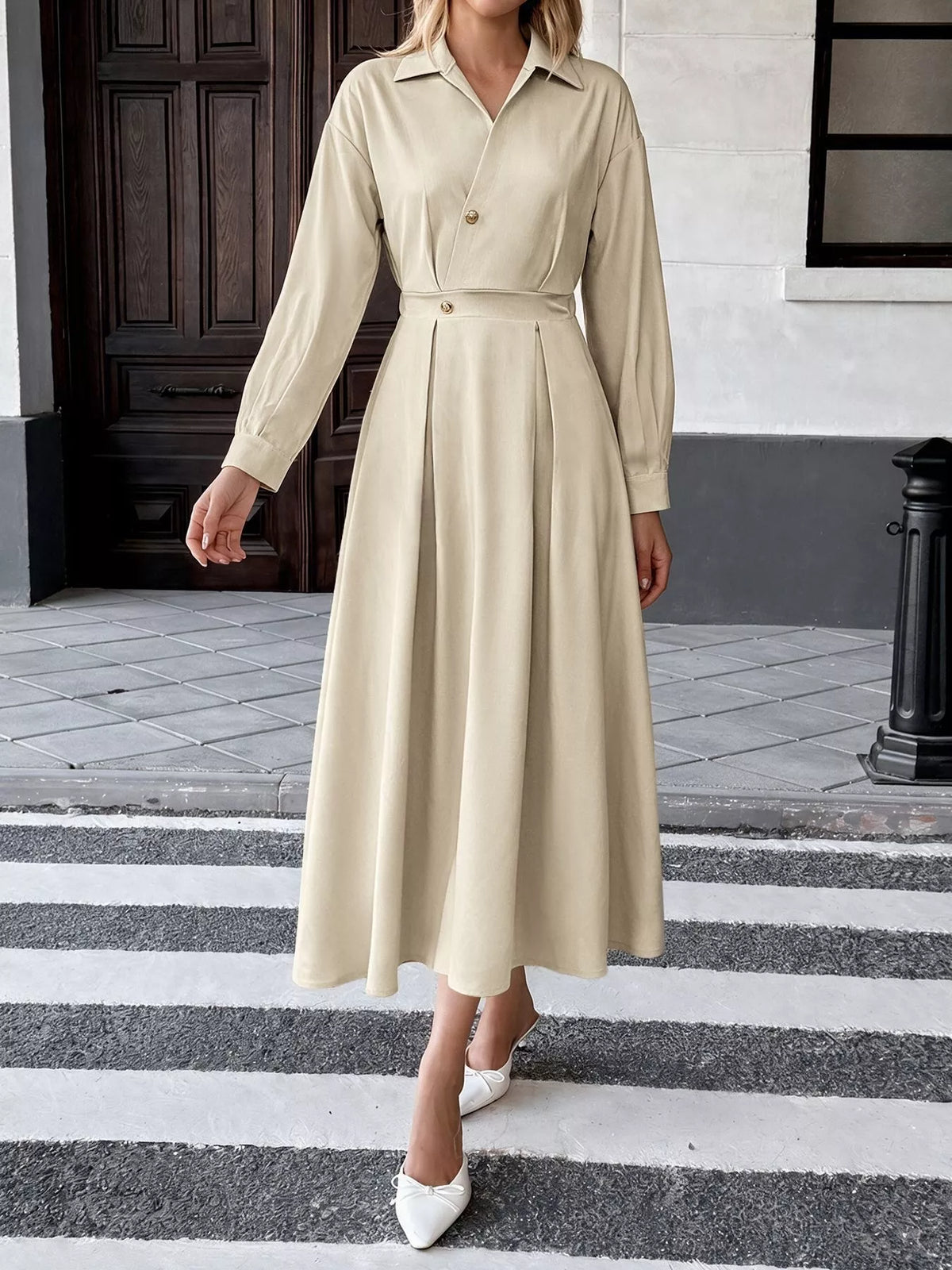 Khaki button-front midi shirt dress with ruched waist and gathered pleats