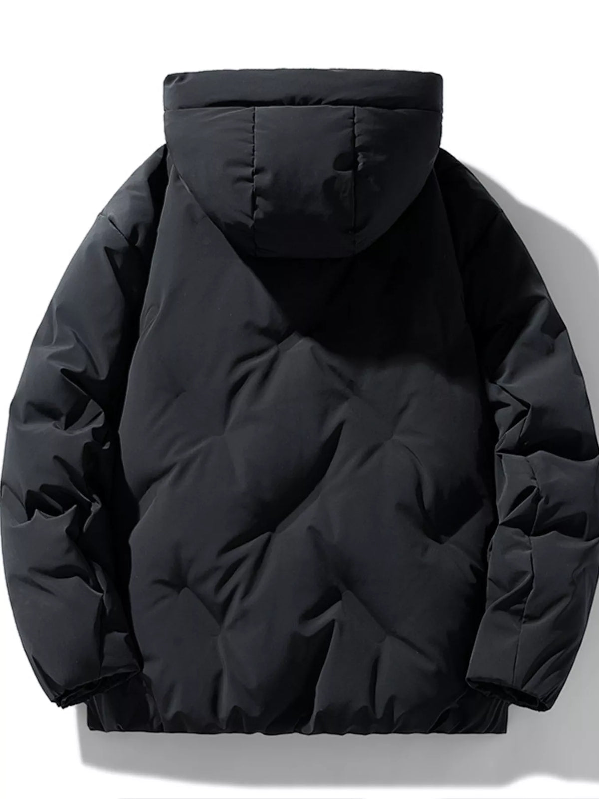 Black hooded padded winter jacket, rear view with quilted shoulders