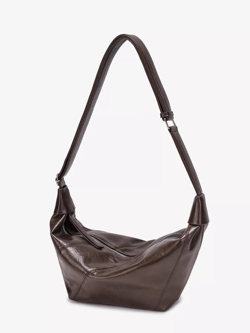 Coffee-brown slouch shoulder bag with adjustable strap and gathered front seam