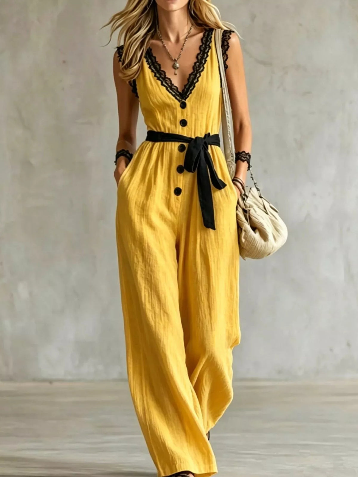 Yellow sleeveless lace V-neck jumpsuit with black button front and bow waist belt