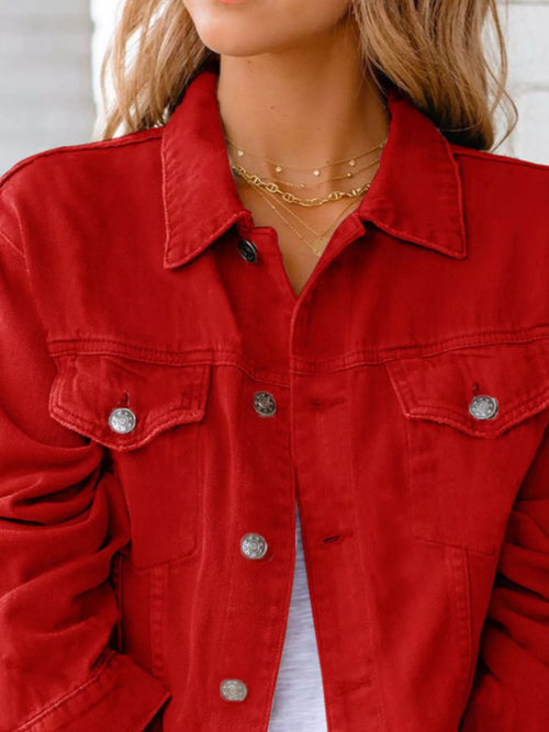 Scarlet denim button-up jacket close-up with pointed collar and chest flap pockets