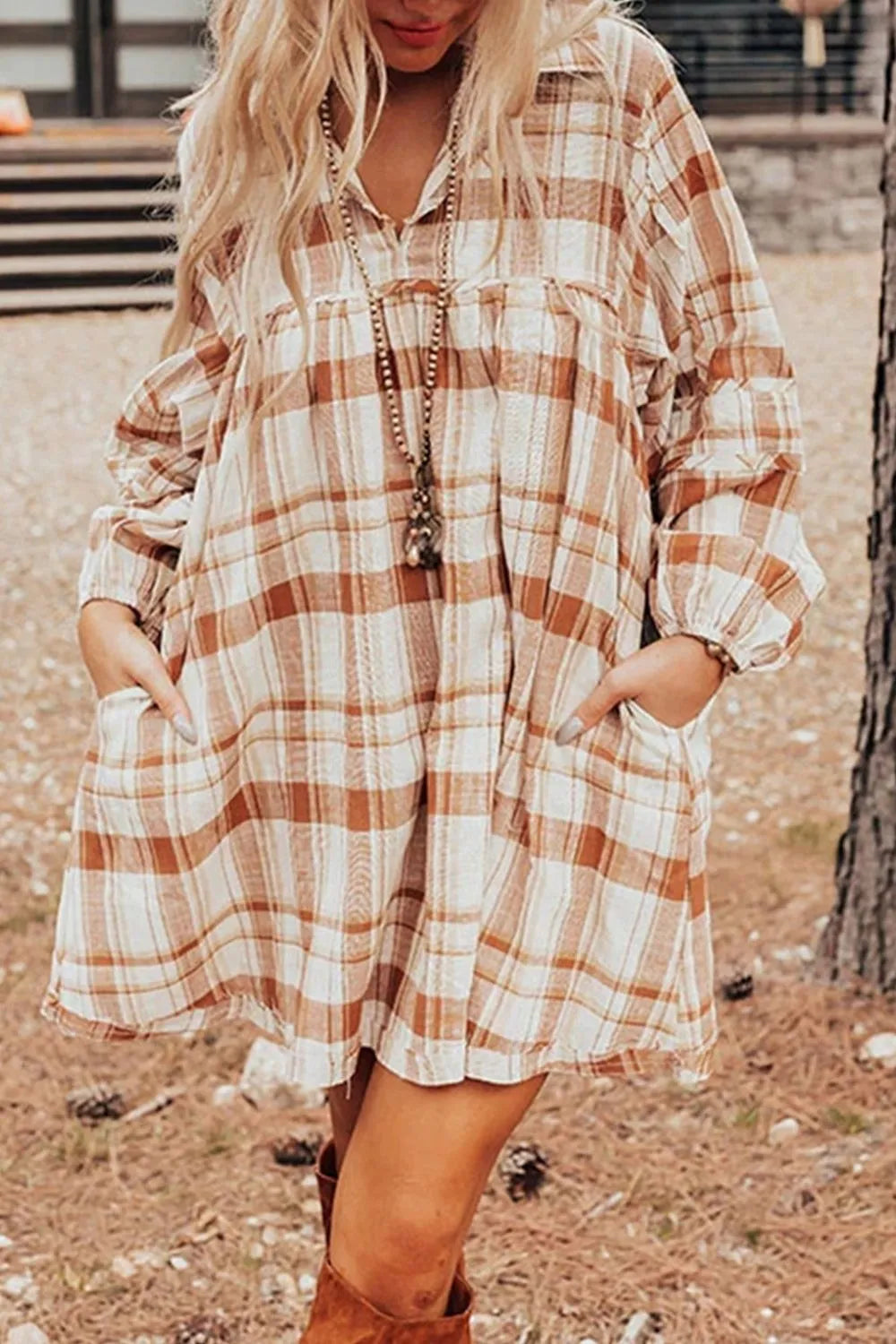 Plaid collared mini shirt dress in camel and white, long sleeves with button front