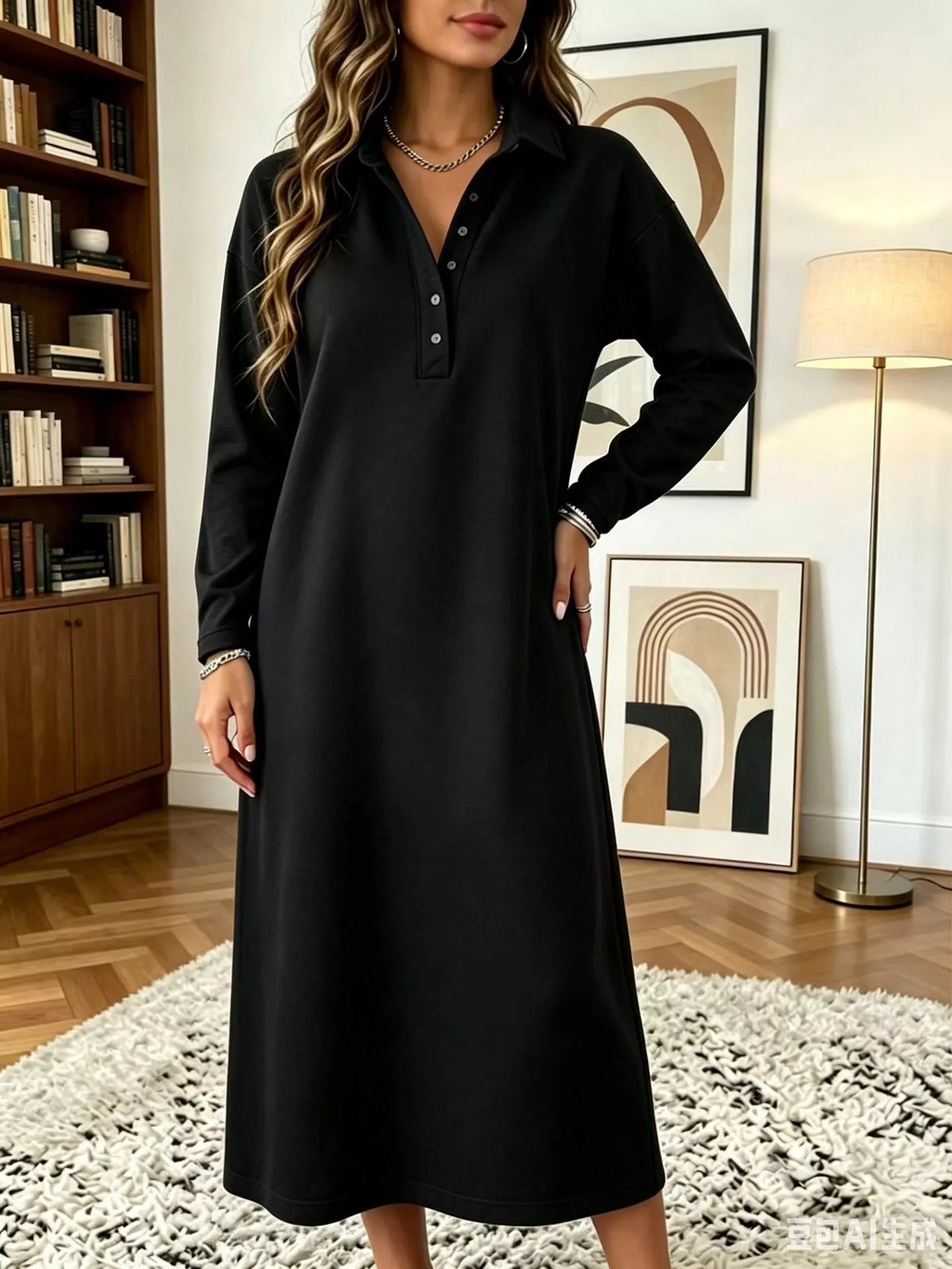 Black long-sleeve midi polo dress with polo collar and front button placket