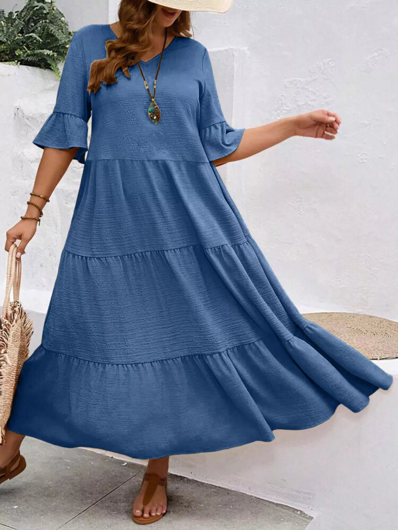 Tiered midi dress with ruffle sleeves, flowing tiered skirt, royal blue