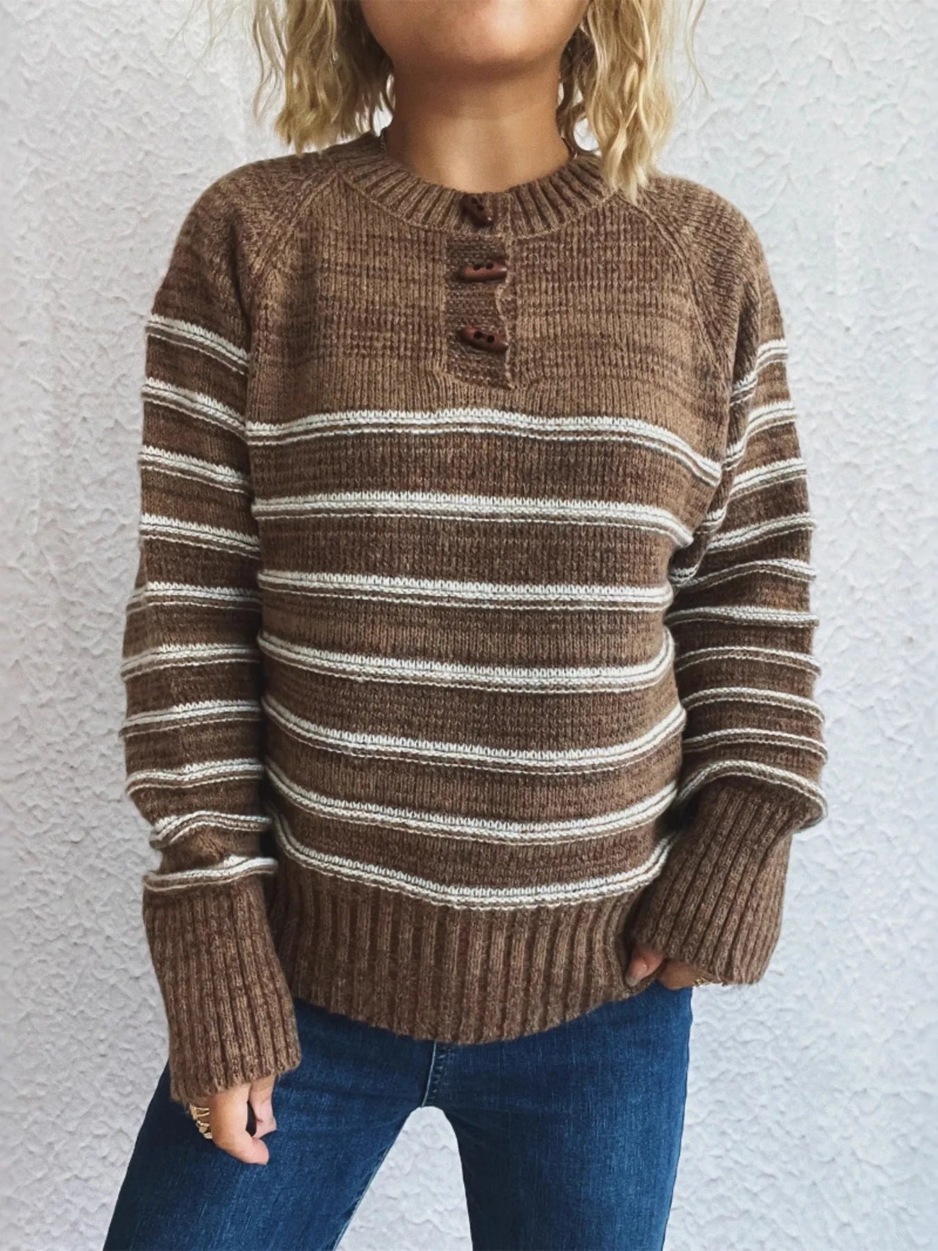 Brown striped long sleeve sweater with button-front placket and ribbed cuffs