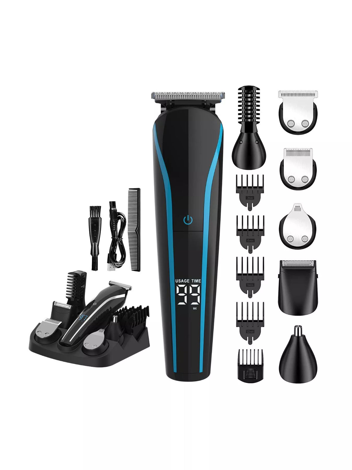 Cordless hair clipper kit with multiple comb guards, charger, and attachments