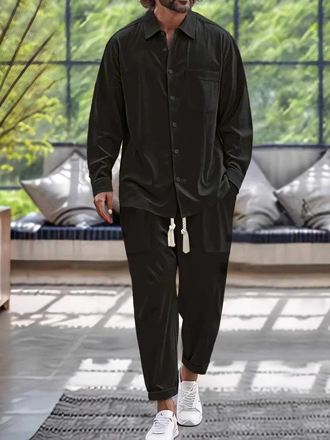 Black button-down shirt and pants set, chest pocket, drawstring waistband