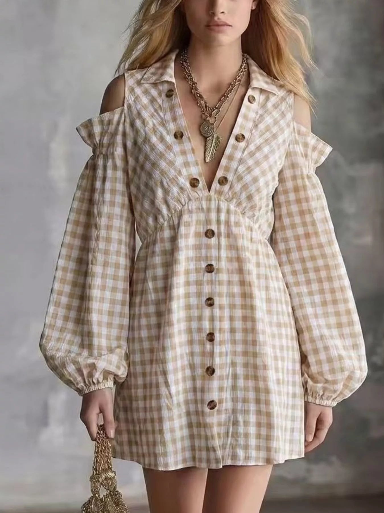 Women's Gingham Cold Shoulder Mini Dress | Ruched Design & Button ...