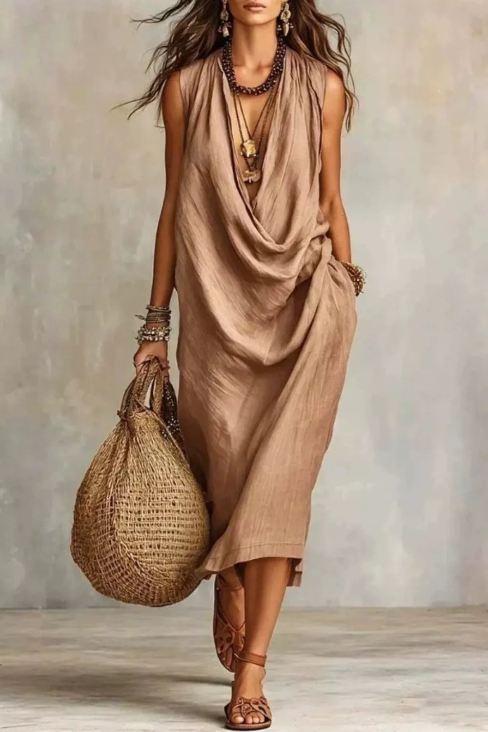 Tan sleeveless drape-neck midi dress with cowl neckline and twisted wrap front.