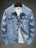 Light blue distressed denim jacket, slim fit, button front, flap chest pockets