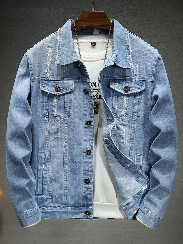 Light blue distressed denim jacket, slim fit, button front, flap chest pockets