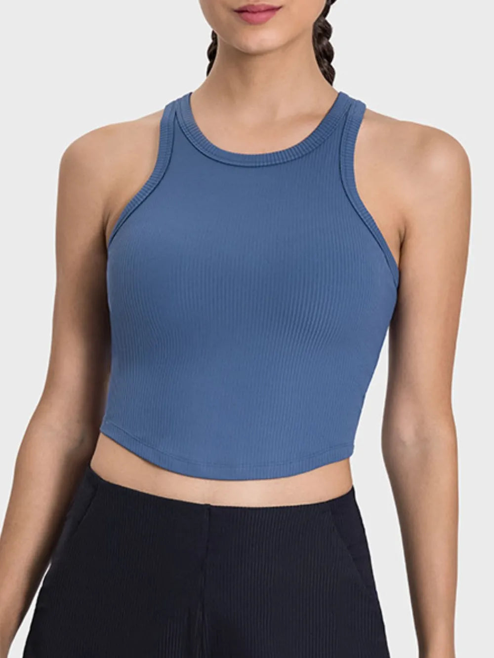 Dusty blue ribbed active tank with round neck racerback, cropped length