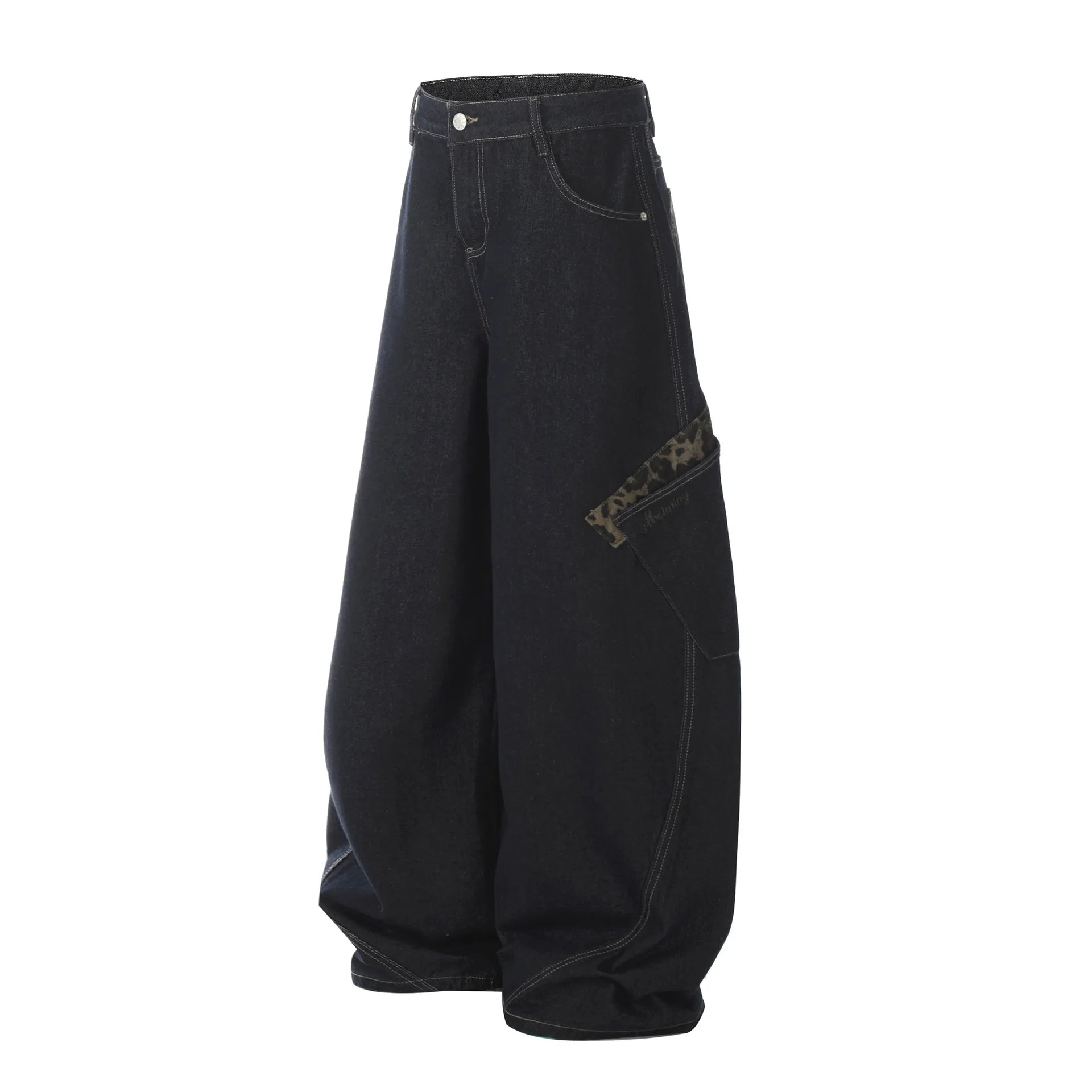 Black wide-leg cargo jeans with cargo flap pocket on thigh and button waist