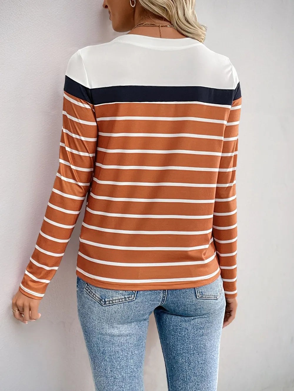 Terracotta and white striped long-sleeve T-shirt with navy back yoke band