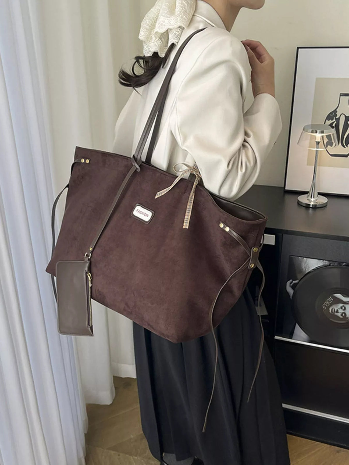 Chocolate suede large tote bag with braided drawstring and attached mini zip pouch
