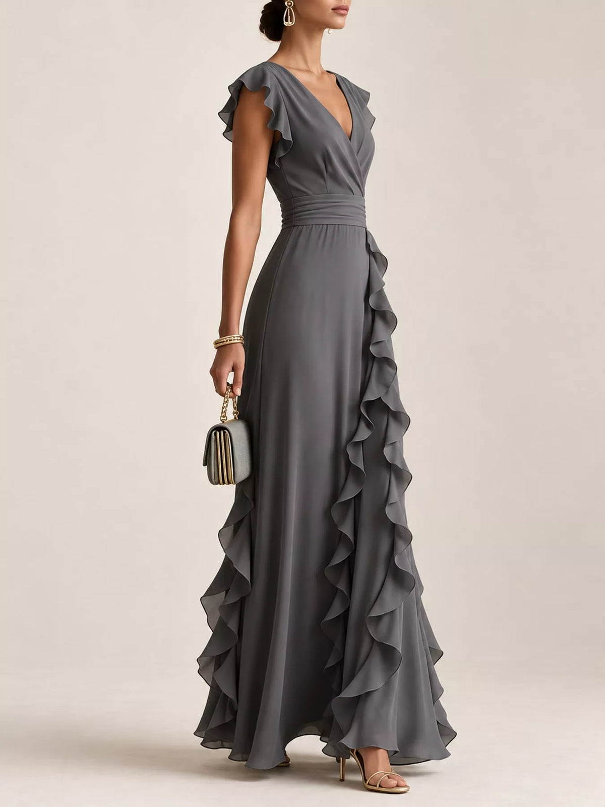 Graphite gray sleeveless maxi dress with side ruffle tiers, high waist sash, V-neck