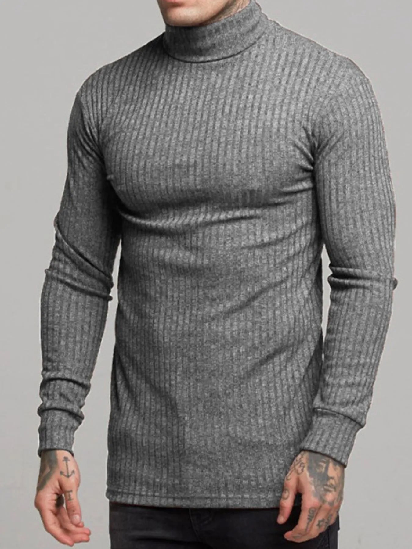Ribbed turtleneck sweater in dark gray, long sleeves, textured knit