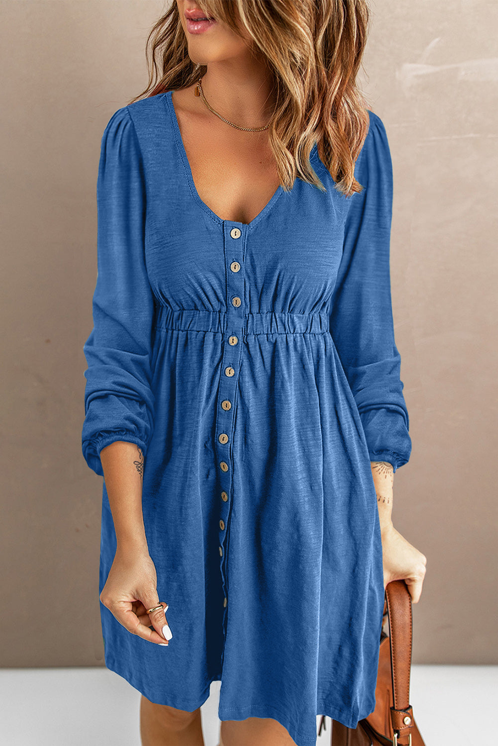 Scoop-neck empire-waist mini dress with long sleeves and button front, blue