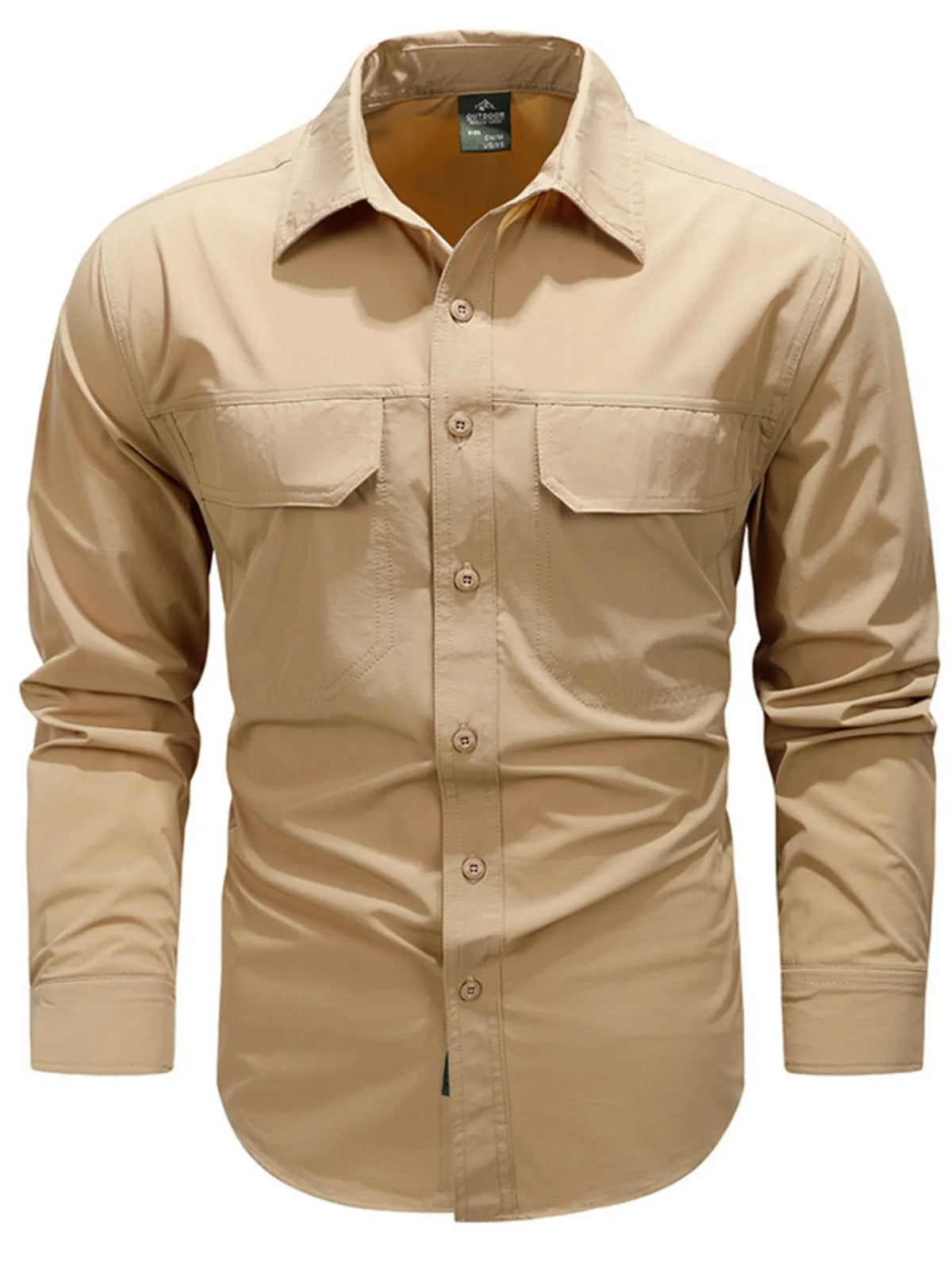 Men's lightweight cotton button-up shirt in khaki, long sleeves, button front.