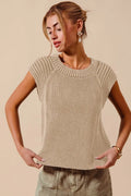 Vintage taupe sleeveless raglan sweater top with ribbed crew neckline, knit texture