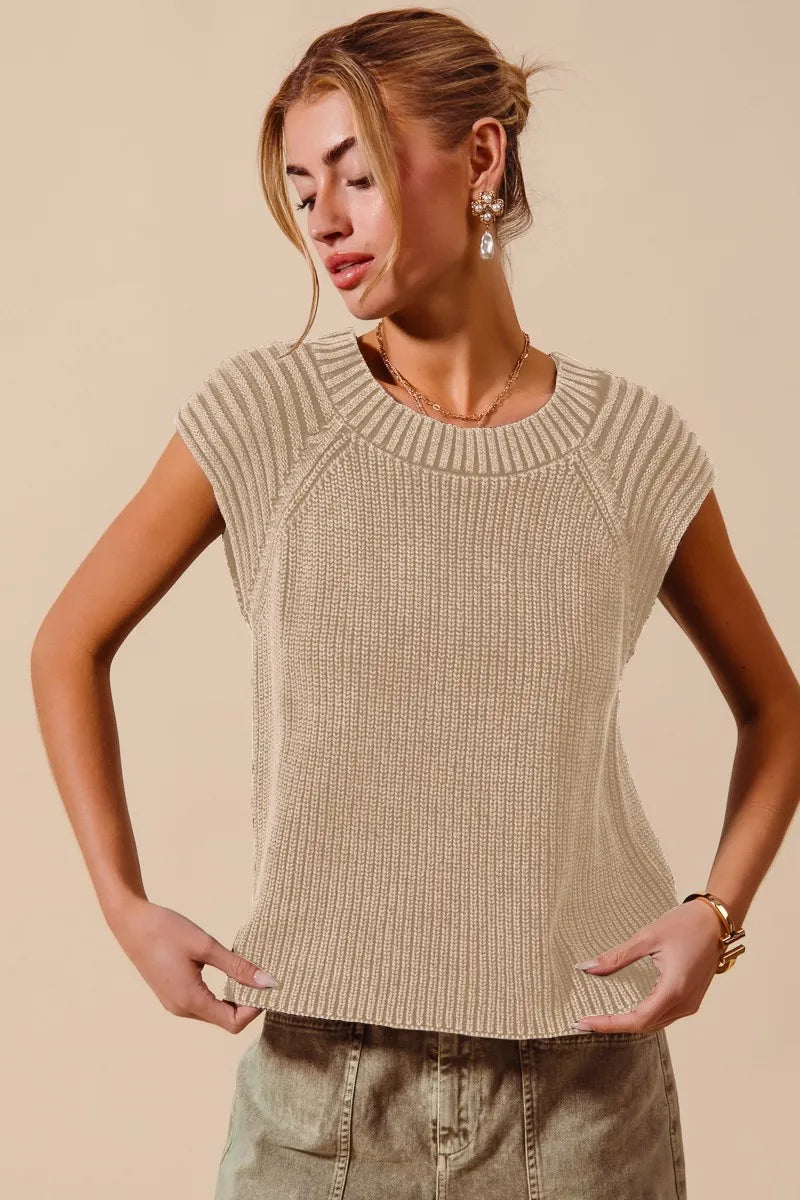 Vintage taupe sleeveless raglan sweater top with ribbed crew neckline, knit texture