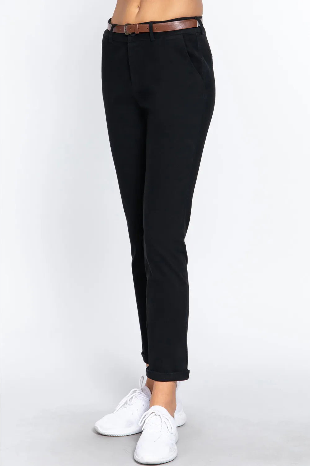 Black straight pants with ankle-length hem and dark belt detail