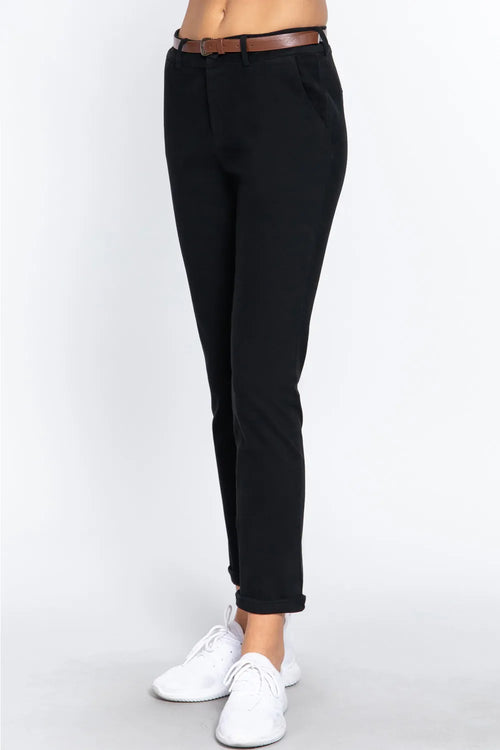 Black straight pants with ankle-length hem and dark belt detail