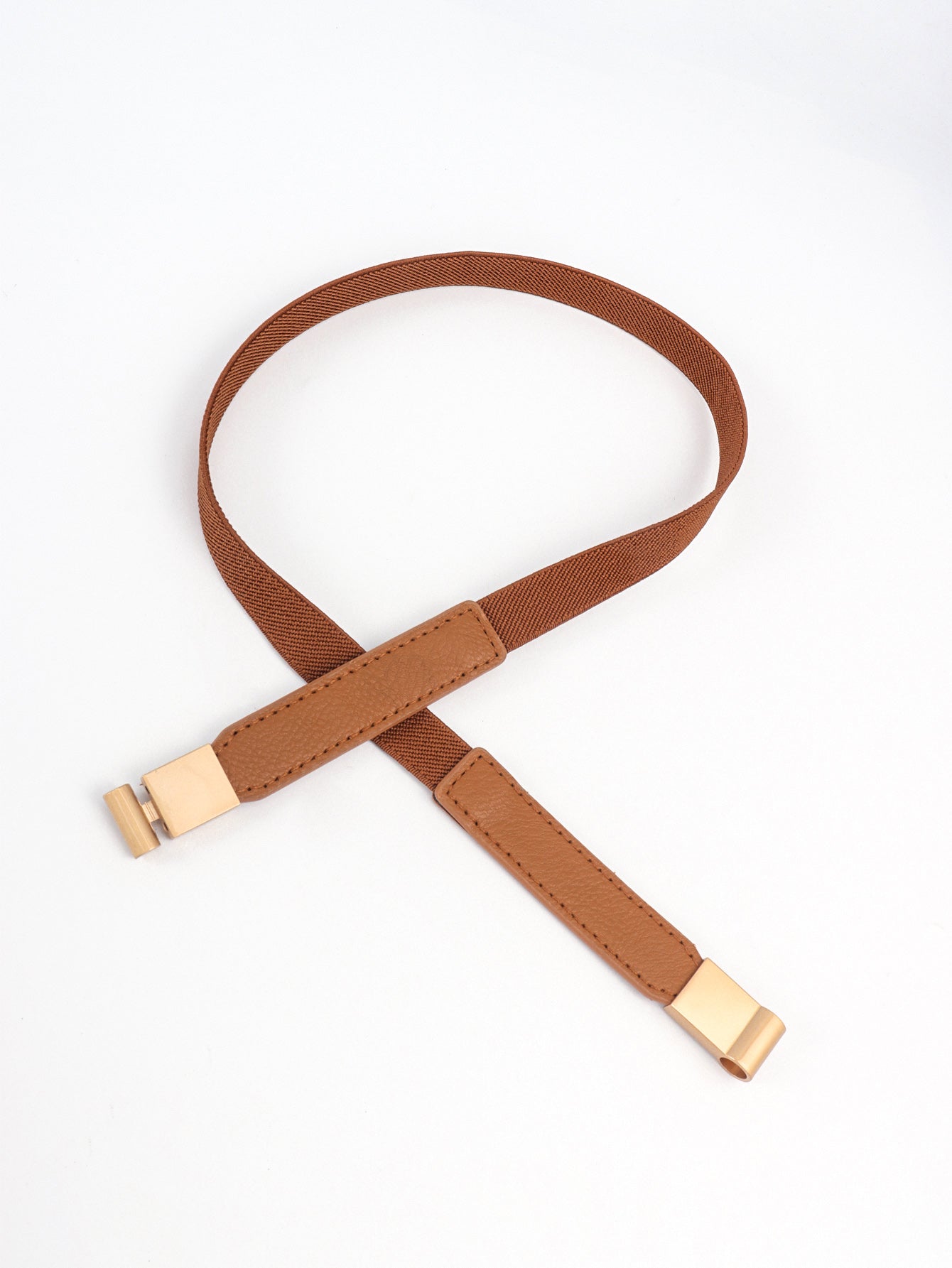 Caramel brown elastic skinny belt with two belt ends and gold-tone hardware