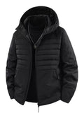 Men's black lightweight hooded puffer jacket with full-zip and side pockets