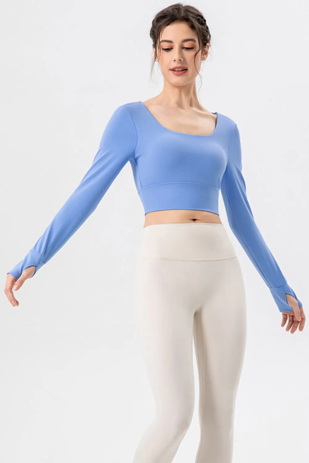 Sky blue long-sleeve active crop T-shirt with smooth square neckline