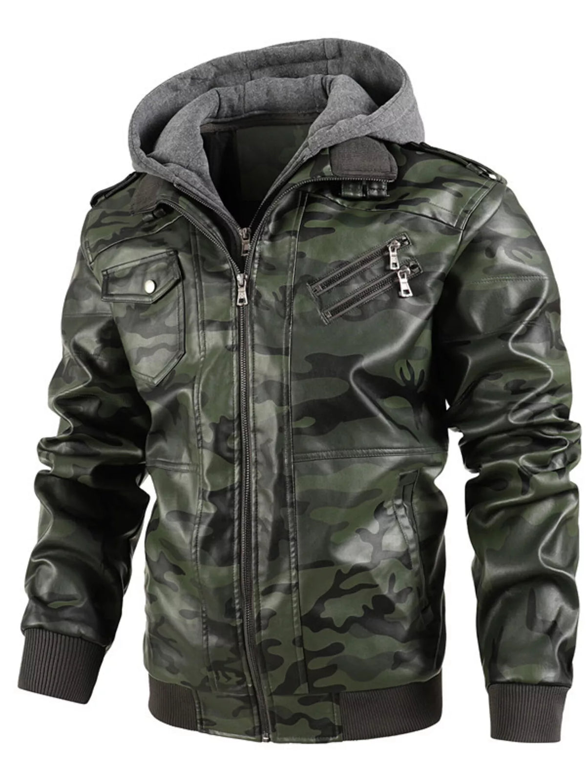 Men's hooded camo moto jacket with zipper front and ribbed cuffs