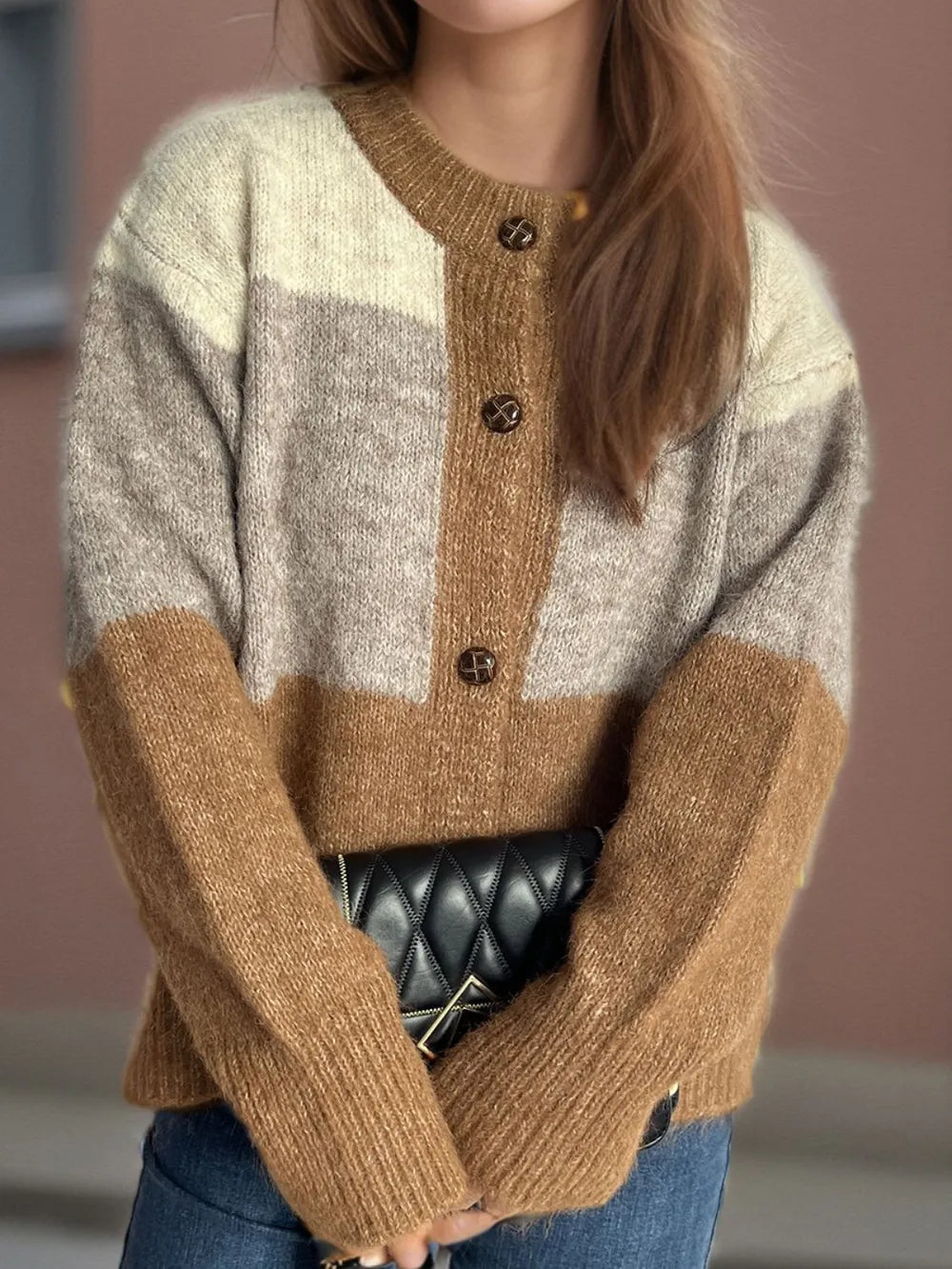 Color-block button-up cardigan in camel brown and cream, round neck, button front