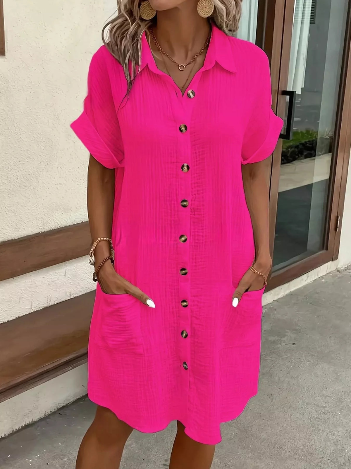 Textured button-up shirt dress with pockets, hot pink, short sleeves and gold buttons