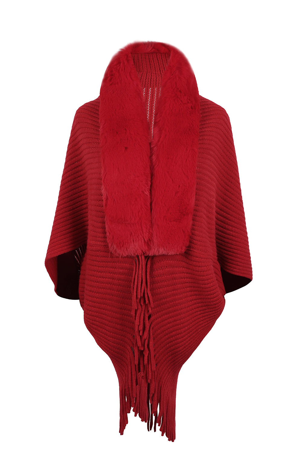 Deep red hooded ribbed poncho with fringe hem and drawstring tassel