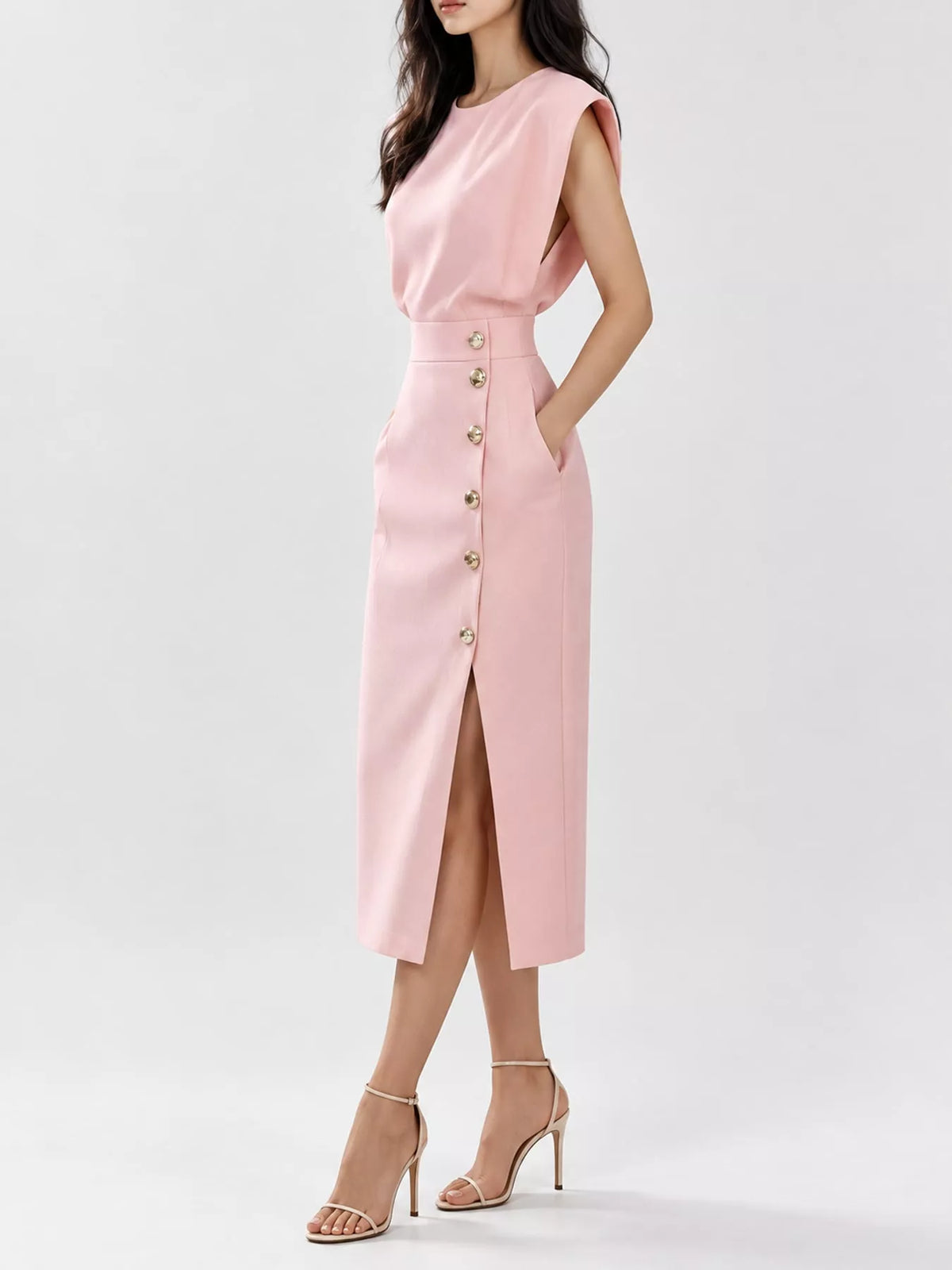 Pink sleeveless midi dress with gold button front and side slit