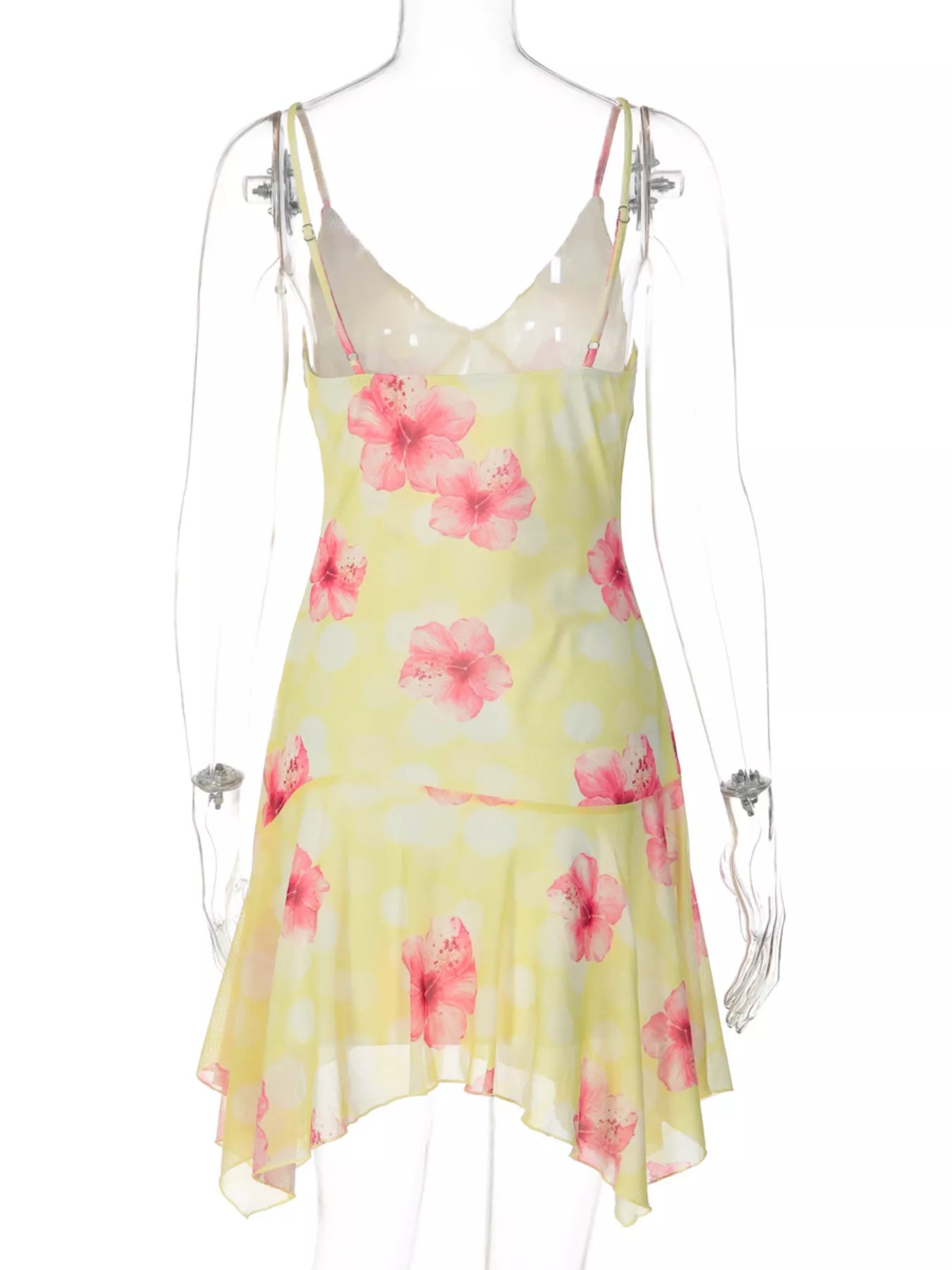 Yellow floral print sheer mini dress with thin straps and asymmetrical, layered hemline